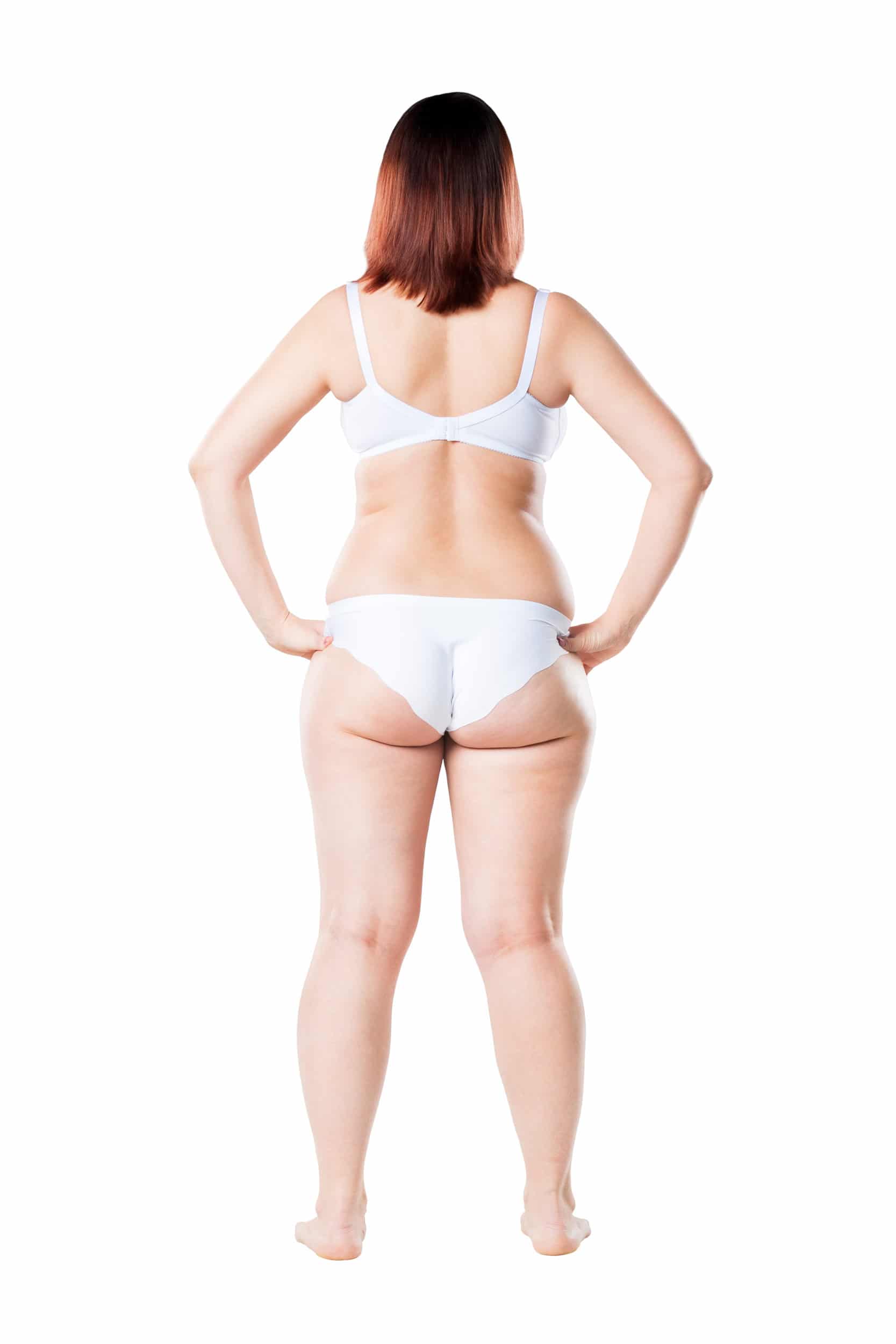 Fat woman in underwear isolated on white studio background, cellulite on female body